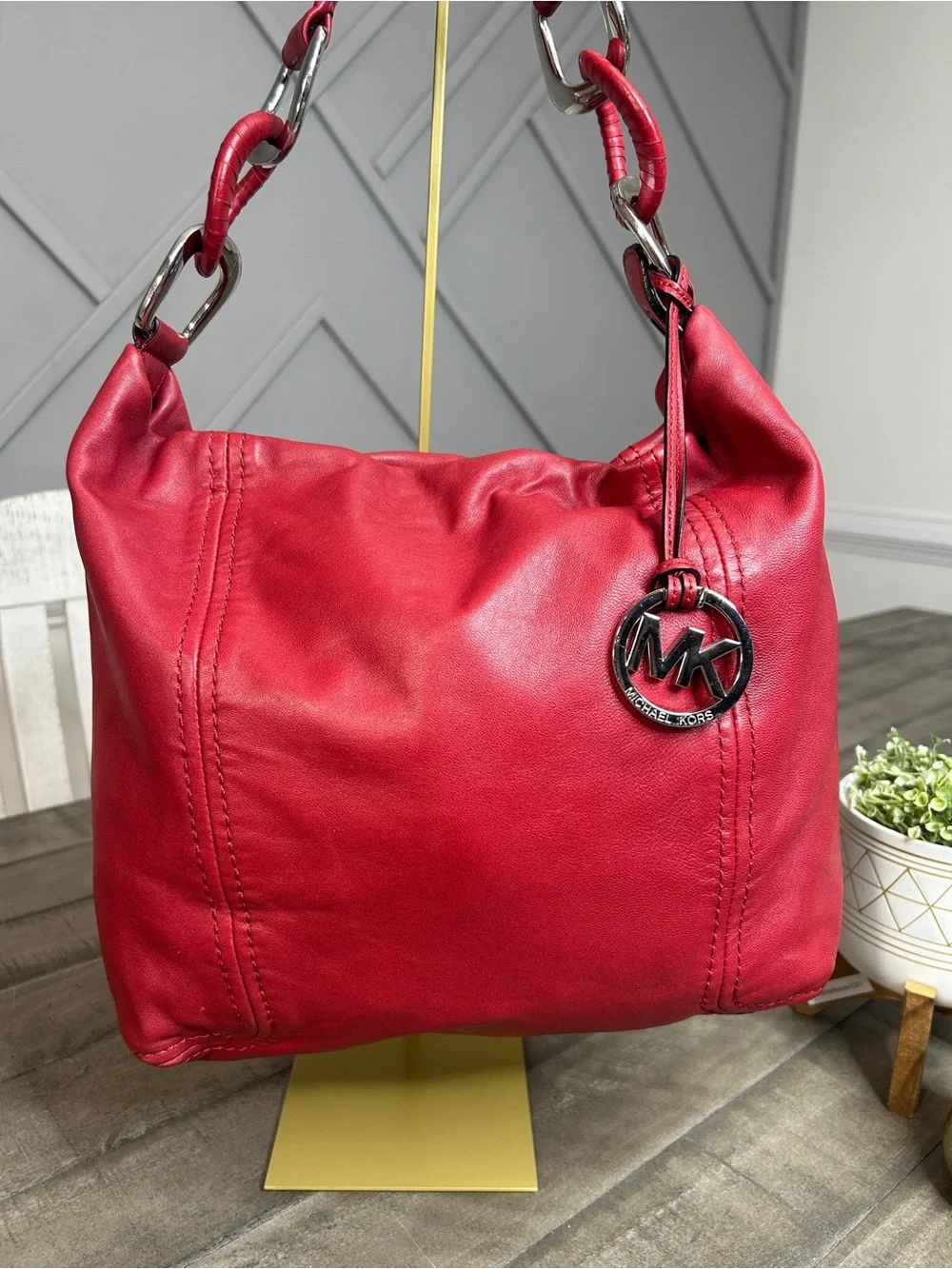 Michael Kors Red Leather Slouchy Hobo Shoulder Bag Silver Chain Accent